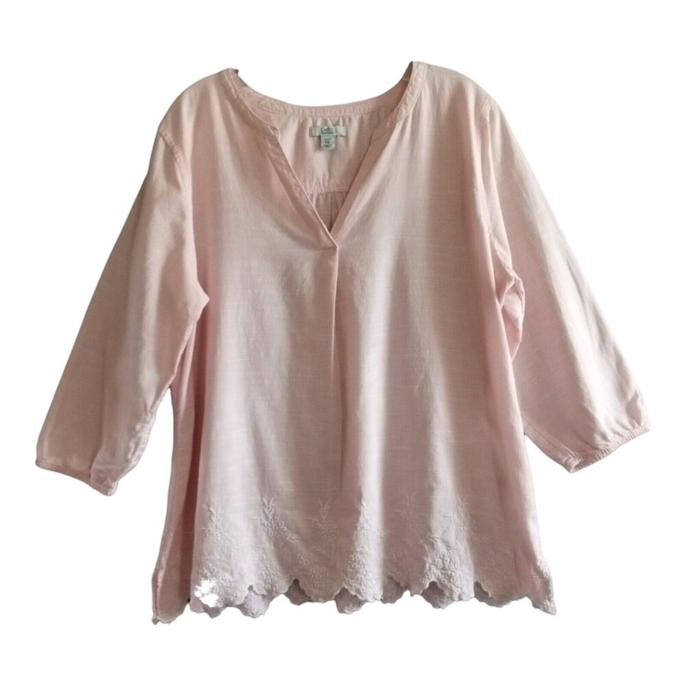 Croft & Barrow Top Women P/ XL Pink White Stripe 3/4 Elastic Sleeves Embroidered